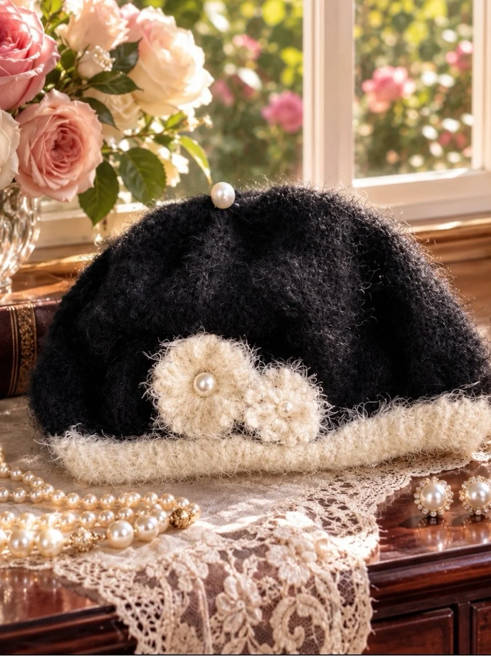Slouch Beret Beanie Hat Designer “ Hand Knits 2 Love” Flowers Pearl Black White